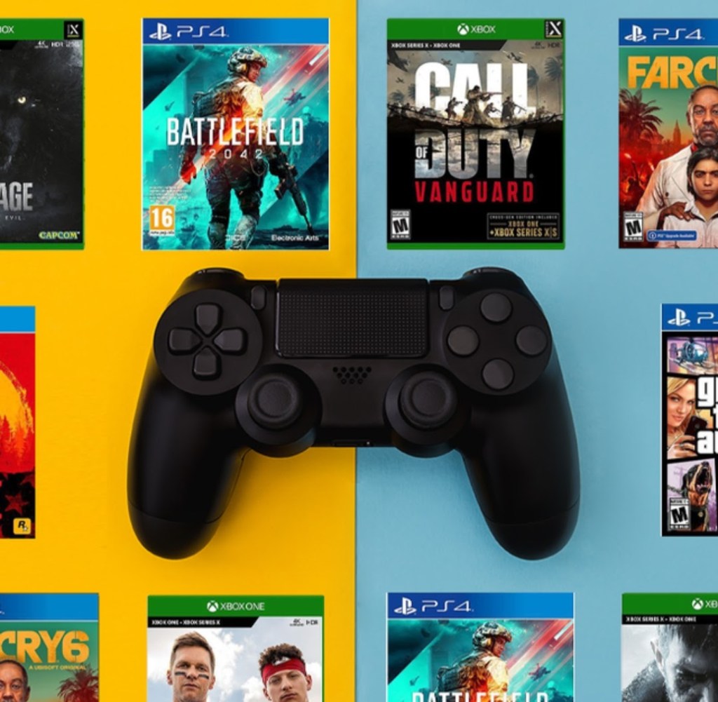 A picture of a video game controller and various Playstation and Xbox games titles.